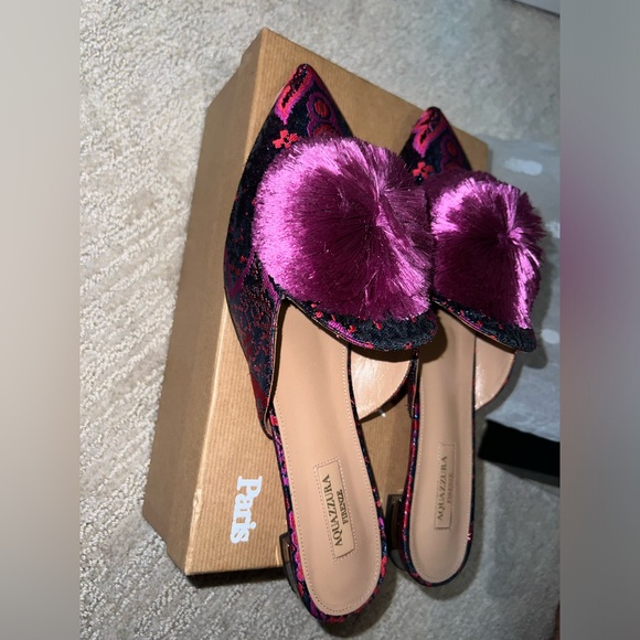 Size 41 - Aquazzura Powder Puff Pompom embellished Metallic Jacquard Mules - Picture 10 of 15